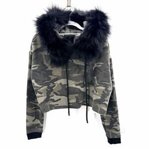 Jocelyn Camouflage Cropped Fox Fur Hood Trim Hoodie Sweatshirt Womens Medium